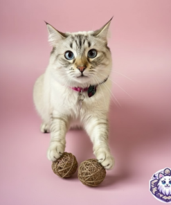 Gato jugando con una pelota de yute natural