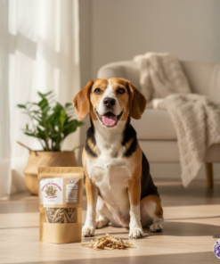 Perro Beagle feliz con premios de charales deshidratados 100% naturales de KittyScratch