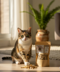 Gato calicó con premios de charales deshidratados 100% naturales de KittyScratch, ricos en Omega 3