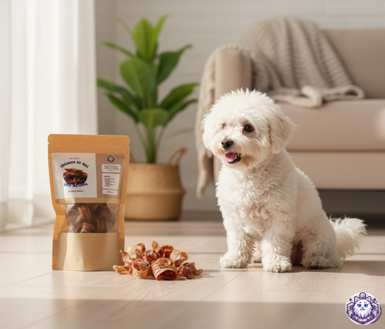 Perro Bichón Frisé con aros de tráquea de res 100% natural de KittyScratch, ideal para articulaciones