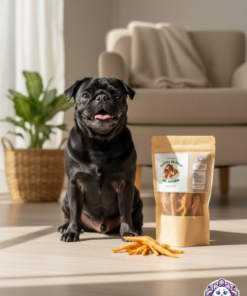 Perro pug negro feliz con premios de patitas de pollo deshidratadas 100% naturales de KittyScratch
