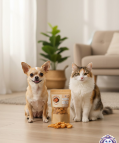 Perro Chihuahua y gato sentados junto a premios de pechuga de pollo deshidratada 100% natural de KittyScratch