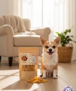 Perro Chihuahua feliz con premios de pechuga de pollo deshidratada 100% natural de KittyScratch