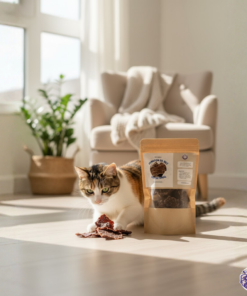 Gato comiendo premios de corazón de res 100% natural de KittyScratch, ricos en taurina