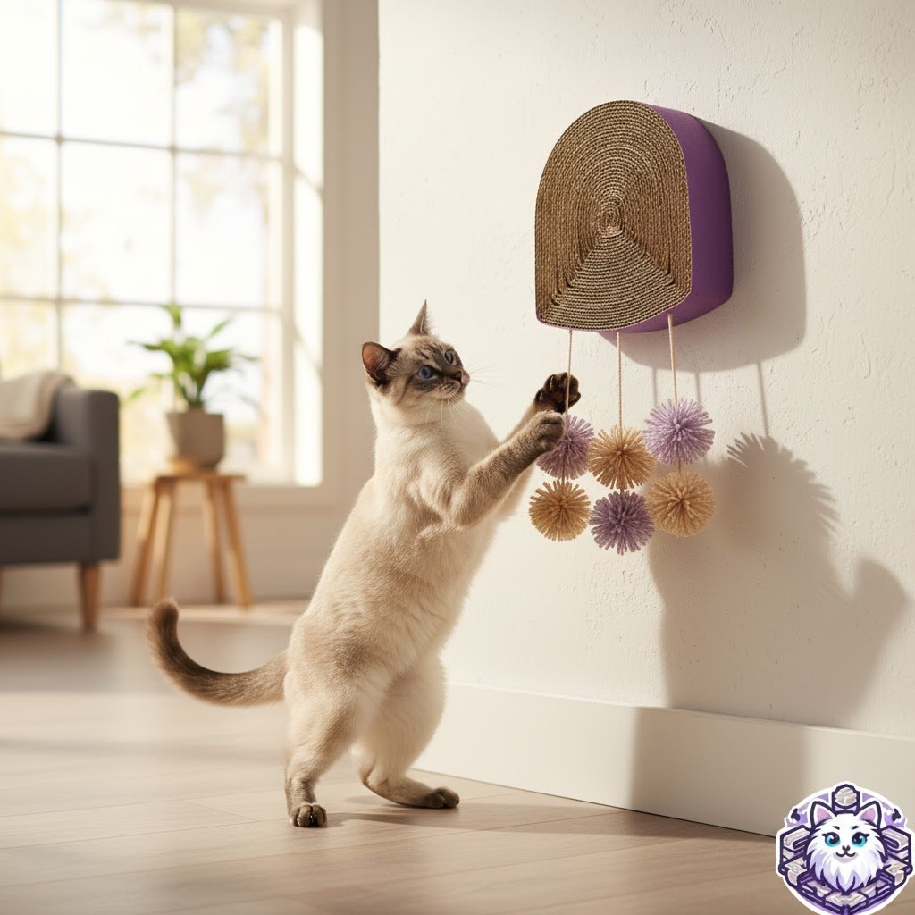 Gato siamés jugando con rascador de pared de cartón con pompones de juguete de KittyScratch
