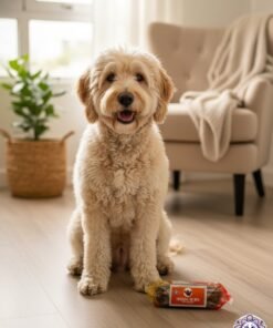 Perro Labradoodle feliz con tráquea de res 100% natural de KittyScratch, ideal para masticar