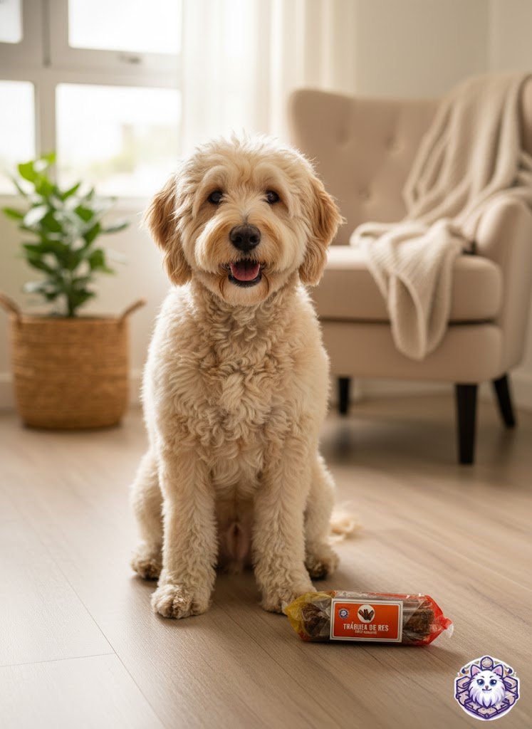 Perro Labradoodle feliz con tráquea de res 100% natural de KittyScratch, ideal para masticar