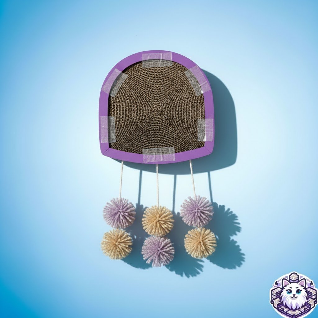Rascador para gato de cartón en forma de medusa con marco morado y pompones de juguete de KittyScratch