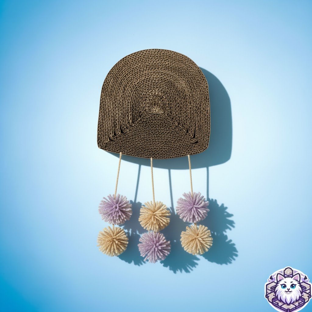 Rascador para gato de cartón en forma de medusa con pompones de juguete de KittyScratch