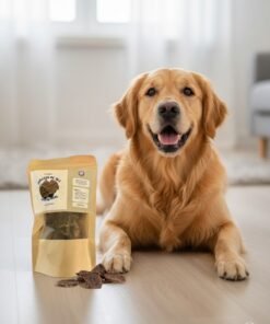 Perro golden retriever feliz junto a premios de corazón de res deshidratado 100% natural de KittyScratch