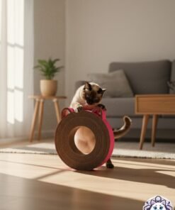 Gato siamés rascando rascador cama de cartón con forma de gato y borde azul de KittyScratch