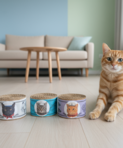 Gato naranja a punto de jugar con tres mini rascadores de cartón en el piso.