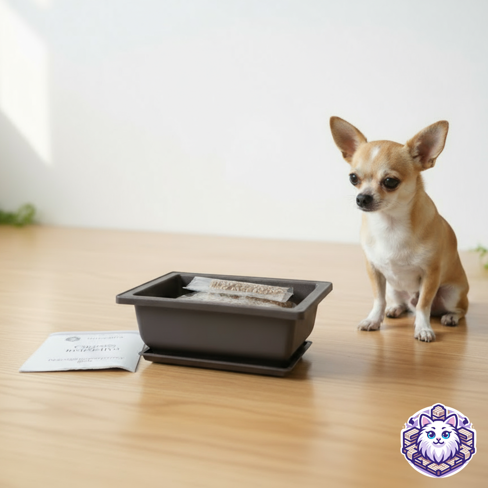 Chihuahua pequeño sentado junto al kit de pasto para mascotas listo para sembrar.