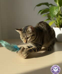 Gato atigrado jugando activamente con un juguete rascador con plumas.