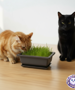 Gato naranja comiendo y gato negro viendo el kit de pasto para mascotas ya crecido.
