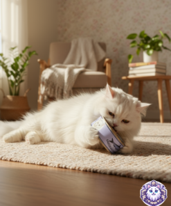 Gato persa blanco mordiendo y jugando con un juguete de cartón en forma de lata.