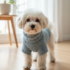 Perro ablanco tipo maltés (poodle) usando un suéter de lana azul para perro chiquito con textura de chenilla.
