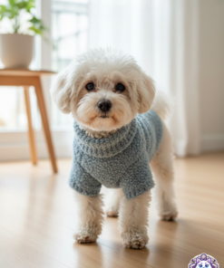 Perro ablanco tipo maltés (poodle) usando un suéter de lana azul para perro chiquito con textura de chenilla.