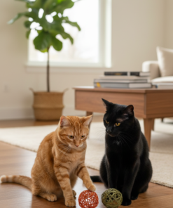 Gato naranja y gato negro jugando en el piso con pelotas de hilo de papel.