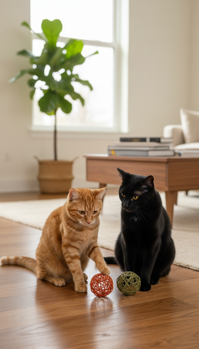 Gato naranja y gato negro jugando en el piso con pelotas de hilo de papel.