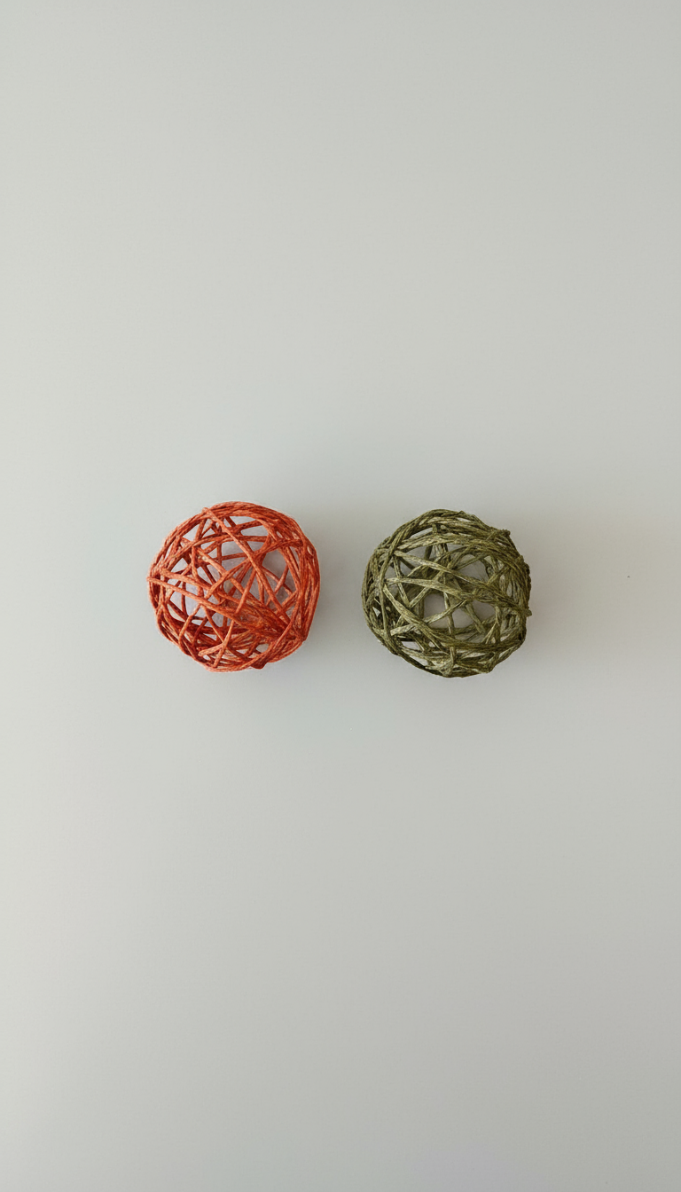 dos pelotas de hilo de papel para gato (naranja y verde) sobre fondo limpio.