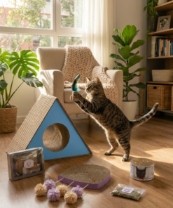 Gato atigrado jugando con un juguete de plumas incluido en el kit de rascadores para gato.