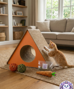 Gato naranja afilando sus uñas en un kit rascador triangular de cartón.