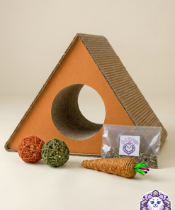 Kit rascador triangular para gato con pelotas, zanahoria y catnip sobre fondo.