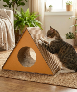Gato atigrado jugando en el lateral de un rascador triangular de cartón resistente.