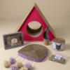 Kit de rascadores y juguetes para gato completo: triángulo, medusa, lata, pasto, plumas y catnip.