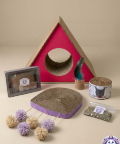 Kit de rascadores y juguetes para gato completo: triángulo, medusa, lata, pasto, plumas y catnip.