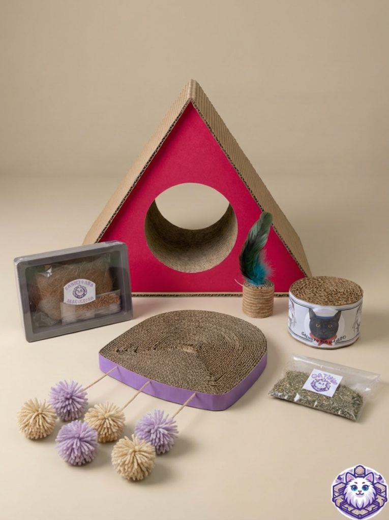 Kit de rascadores y juguetes para gato completo: triángulo, medusa, lata, pasto, plumas y catnip.