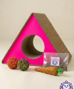 Kit rascador triangular para gato con pelotas, zanahoria y catnip sobre fondo.