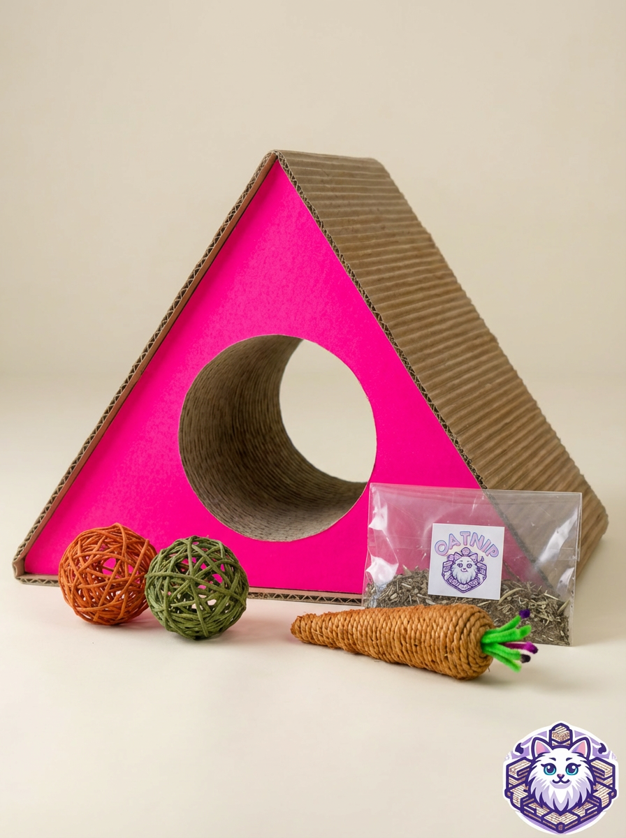 Kit rascador triangular para gato con pelotas, zanahoria y catnip sobre fondo.