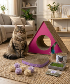 Gato de pelo largo sentado junto a un paquete completo de rascadores de cartón y juguetes Kittyscratch.