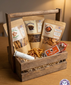 Canasta de premios naturales para perro en caja de madera con bolsas de pollo, res y bálsamo hidratante.