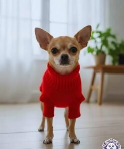 Chihuahua con suéter de lana rojo para perro chiquito posando en una casa