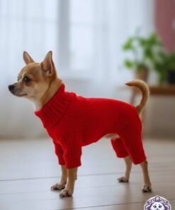Chihuahua de perfil usando el mameluco de lana rojo, mostrando el diseño de 4 patas.